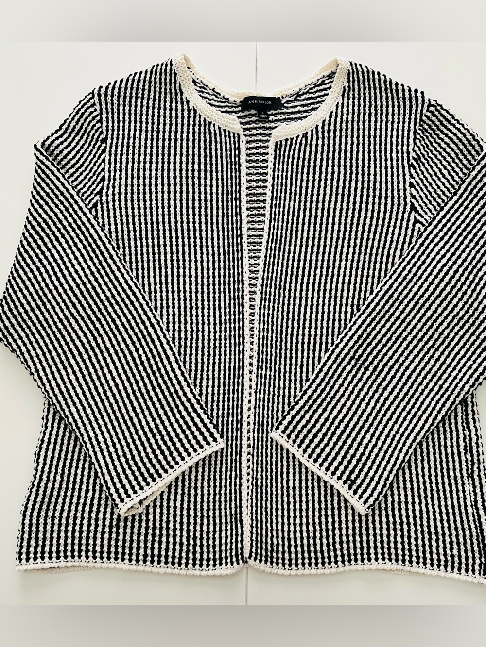 Ann Taylor Navy & Cream Striped Knit Open Front Cardigan Size Large